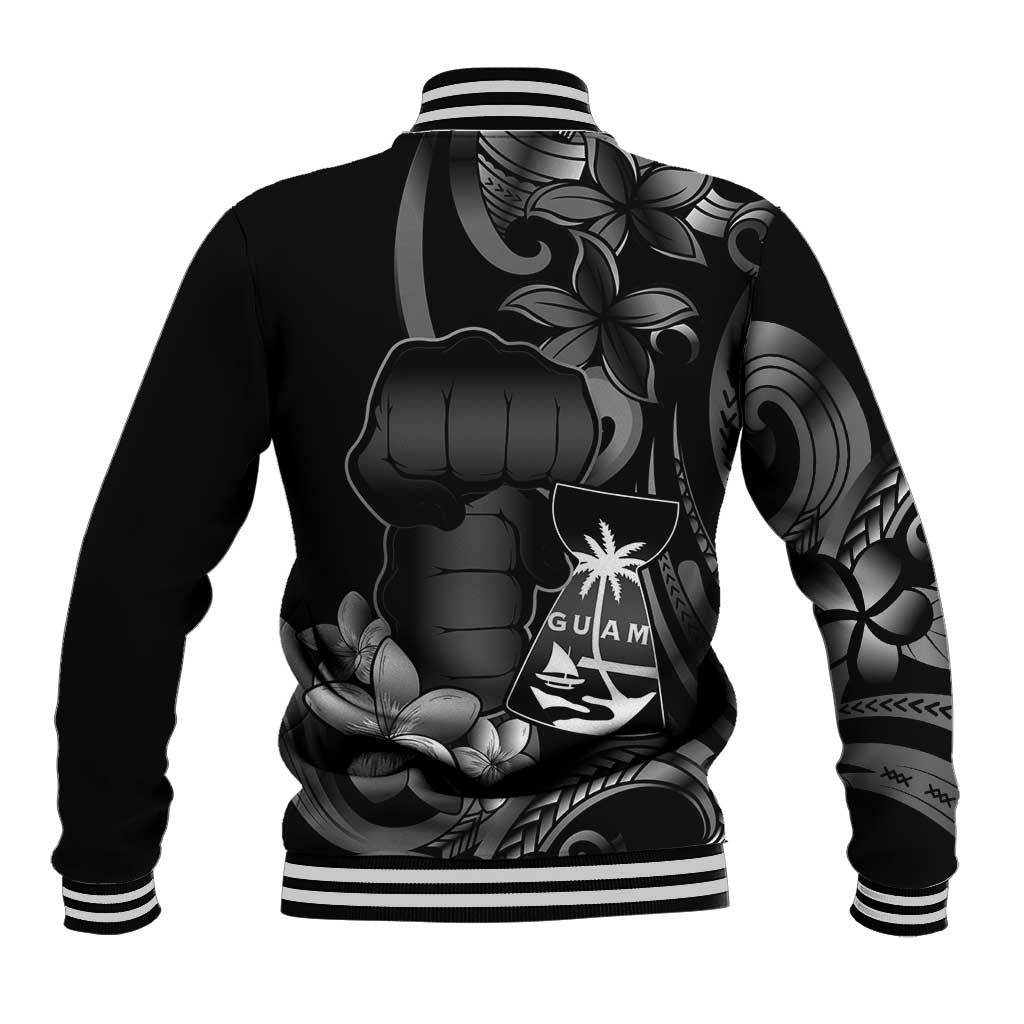 Black Hafa Adai Guam Baseball Jacket Chamorro Latte Stone Hand With Plumeria