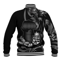 Black Hafa Adai Guam Baseball Jacket Chamorro Latte Stone Hand With Plumeria