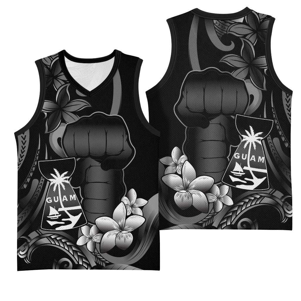 Black Hafa Adai Guam Basketball Jersey Chamorro Latte Stone Hand With Plumeria - Polynesian Pride