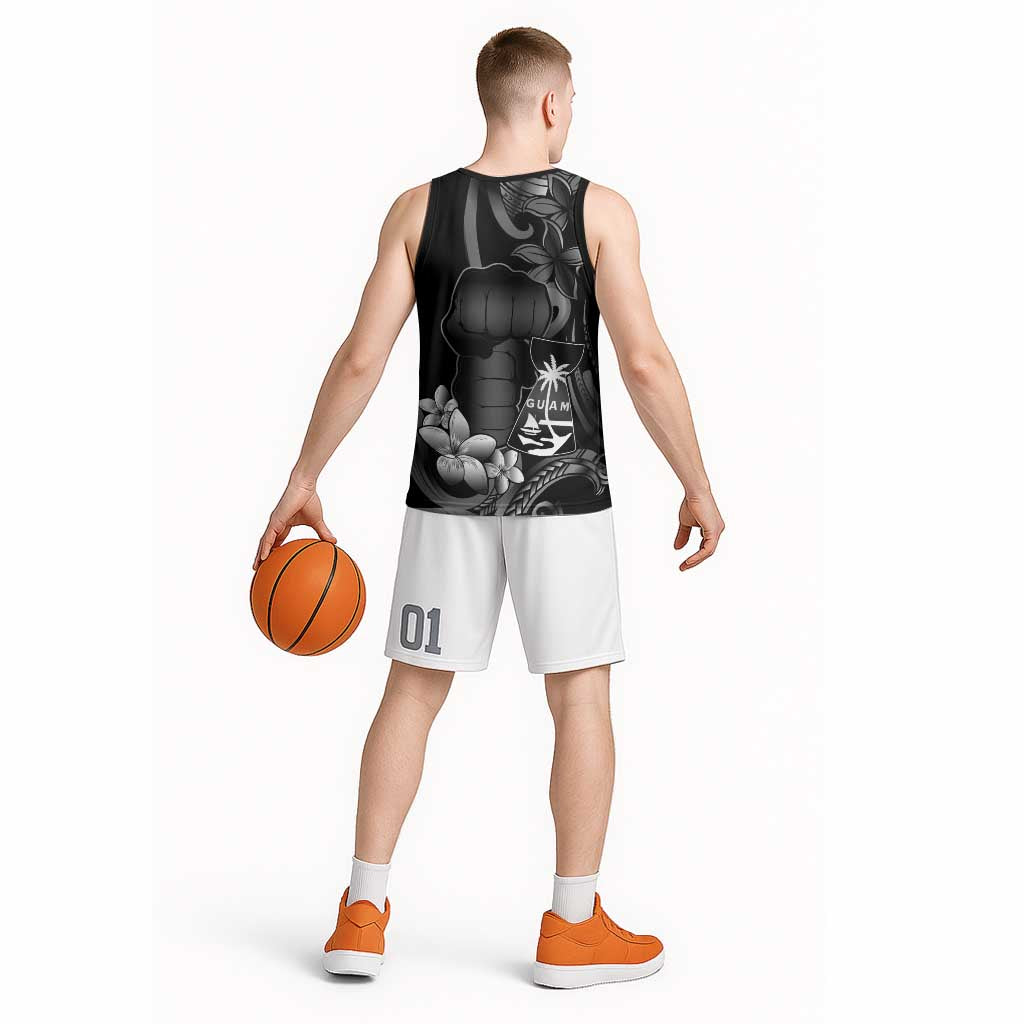 Black Hafa Adai Guam Basketball Jersey Chamorro Latte Stone Hand With Plumeria - Polynesian Pride