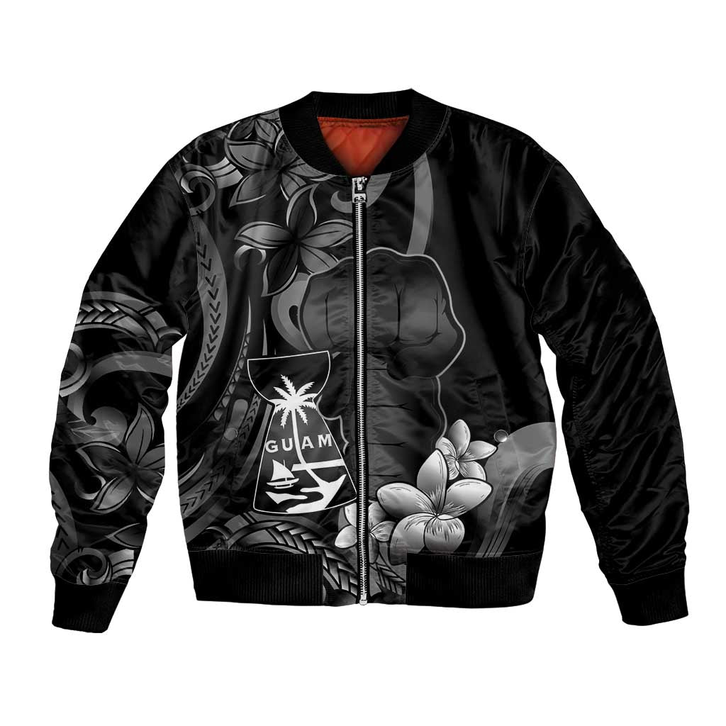 Black Hafa Adai Guam Bomber Jacket Chamorro Latte Stone Hand With Plumeria LT14 Unisex Black - Polynesian Pride