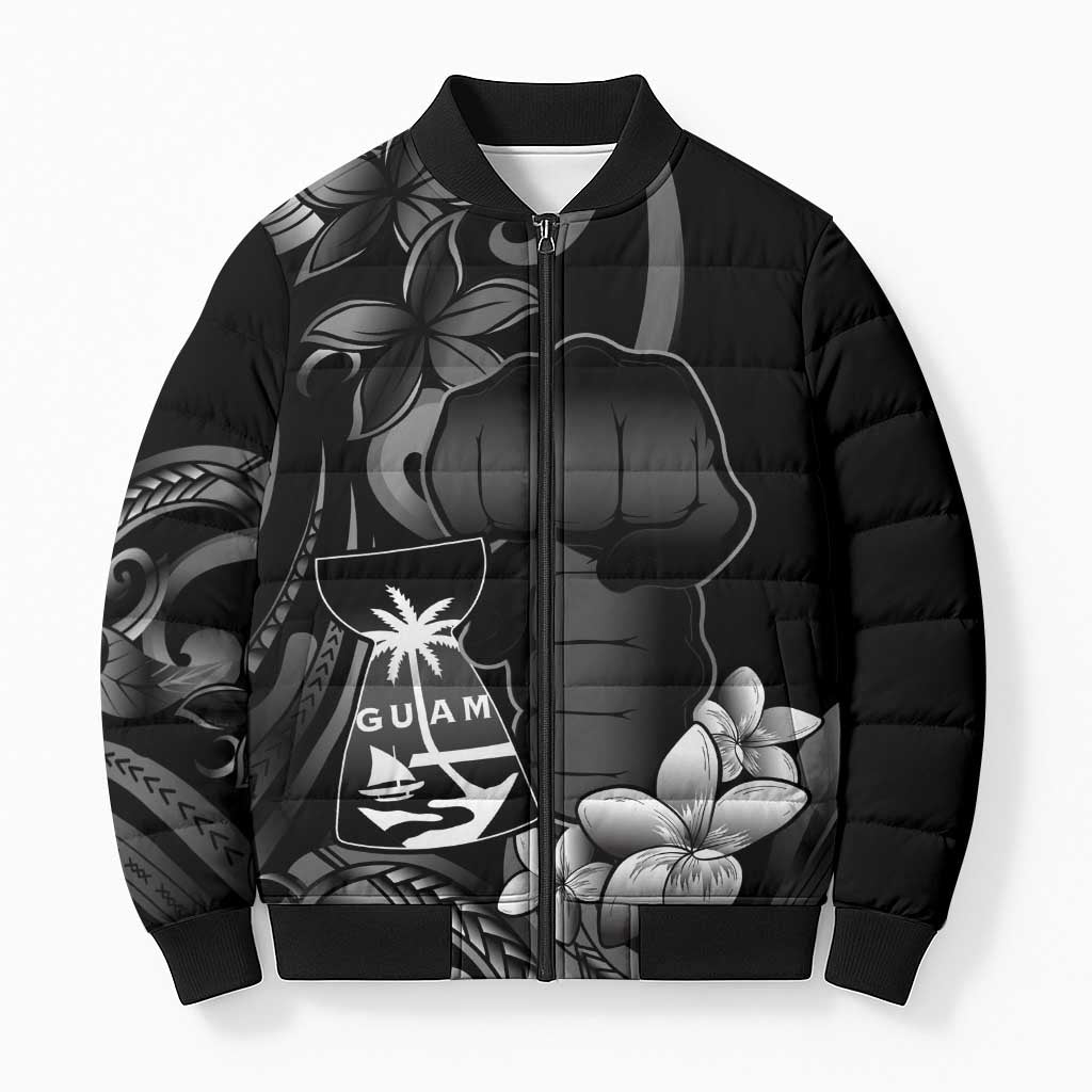 Black Hafa Adai Guam Bomber Puffer Jacket Chamorro Latte Stone Hand With Plumeria - Polynesian Pride