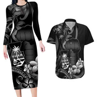 Black Hafa Adai Guam Couples Matching Long Sleeve Bodycon Dress and Hawaiian Shirt Chamorro Latte Stone Hand With Plumeria LT14 Black - Polynesian Pride
