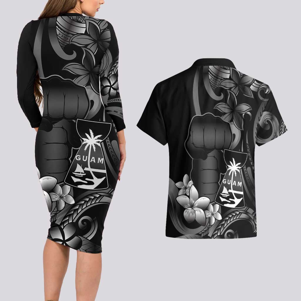 Black Hafa Adai Guam Couples Matching Long Sleeve Bodycon Dress and Hawaiian Shirt Chamorro Latte Stone Hand With Plumeria LT14 - Polynesian Pride