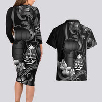 Black Hafa Adai Guam Couples Matching Long Sleeve Bodycon Dress and Hawaiian Shirt Chamorro Latte Stone Hand With Plumeria LT14 - Polynesian Pride