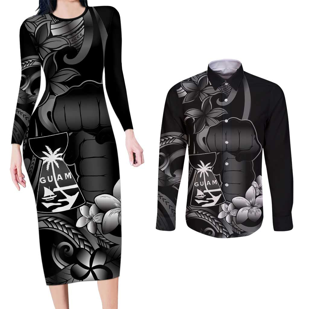 Black Hafa Adai Guam Couples Matching Long Sleeve Bodycon Dress and Long Sleeve Button Shirt Chamorro Latte Stone Hand With Plumeria LT14 Black - Polynesian Pride