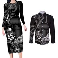 Black Hafa Adai Guam Couples Matching Long Sleeve Bodycon Dress and Long Sleeve Button Shirt Chamorro Latte Stone Hand With Plumeria LT14 Black - Polynesian Pride