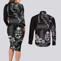 Black Hafa Adai Guam Couples Matching Long Sleeve Bodycon Dress and Long Sleeve Button Shirt Chamorro Latte Stone Hand With Plumeria LT14 - Polynesian Pride