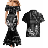 Black Hafa Adai Guam Couples Matching Mermaid Dress and Hawaiian Shirt Chamorro Latte Stone Hand With Plumeria LT14 - Polynesian Pride