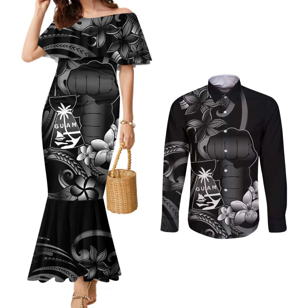 Black Hafa Adai Guam Couples Matching Mermaid Dress and Long Sleeve Button Shirt Chamorro Latte Stone Hand With Plumeria LT14 Black - Polynesian Pride