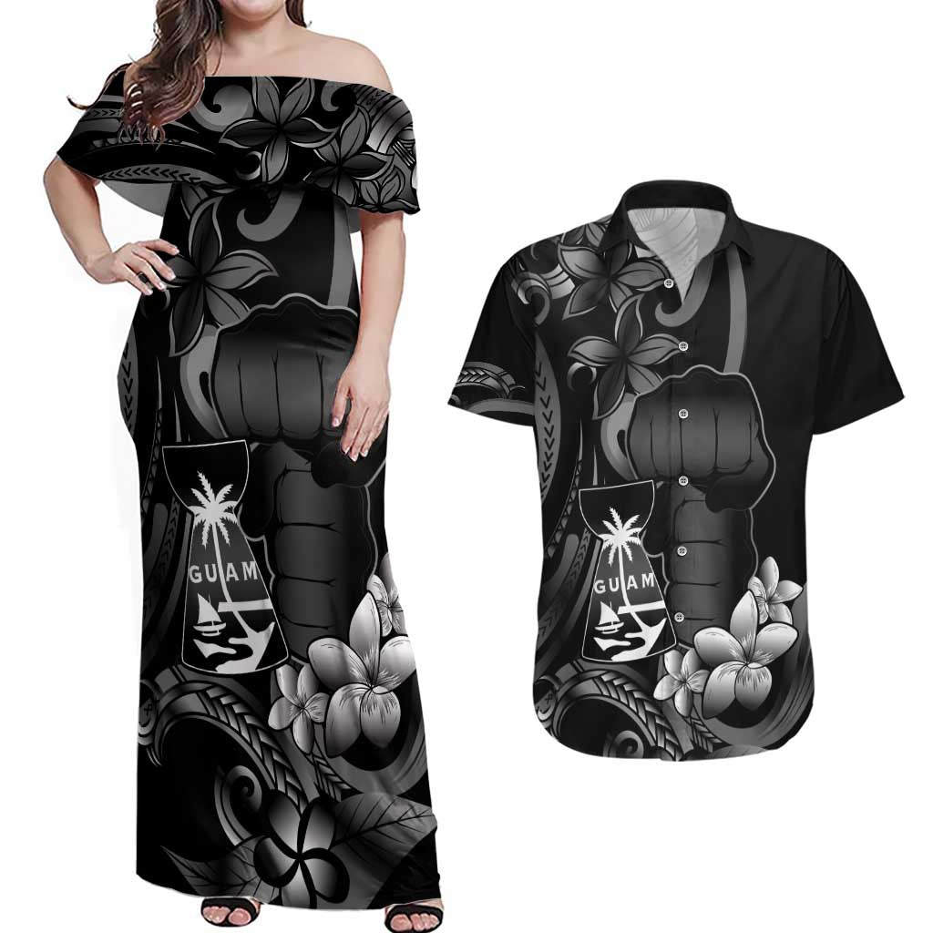 Black Hafa Adai Guam Couples Matching Off Shoulder Maxi Dress and Hawaiian Shirt Chamorro Latte Stone Hand With Plumeria LT14 Black - Polynesian Pride