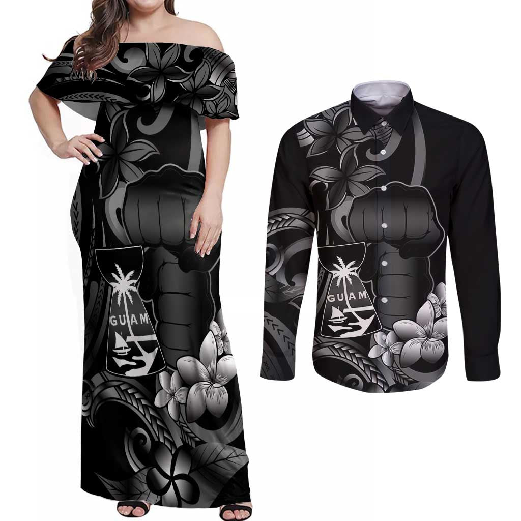 Black Hafa Adai Guam Couples Matching Off Shoulder Maxi Dress and Long Sleeve Button Shirt Chamorro Latte Stone Hand With Plumeria LT14 Black - Polynesian Pride