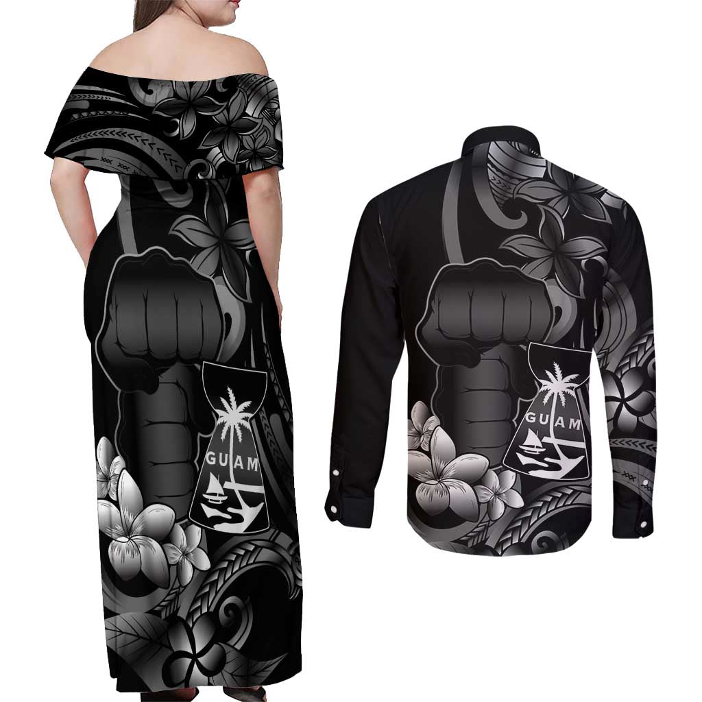 Black Hafa Adai Guam Couples Matching Off Shoulder Maxi Dress and Long Sleeve Button Shirt Chamorro Latte Stone Hand With Plumeria LT14 - Polynesian Pride