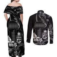 Black Hafa Adai Guam Couples Matching Off Shoulder Maxi Dress and Long Sleeve Button Shirt Chamorro Latte Stone Hand With Plumeria LT14 - Polynesian Pride