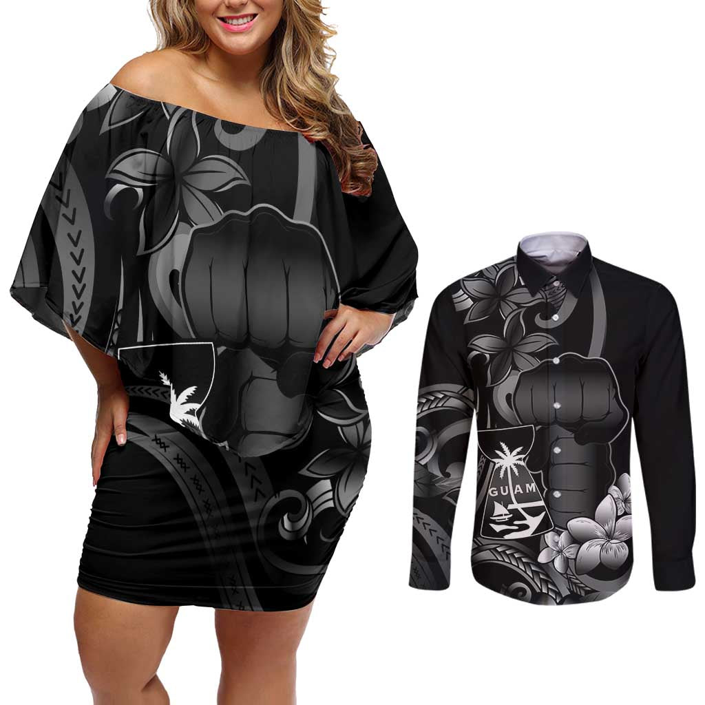 Black Hafa Adai Guam Couples Matching Off Shoulder Short Dress and Long Sleeve Button Shirt Chamorro Latte Stone Hand With Plumeria