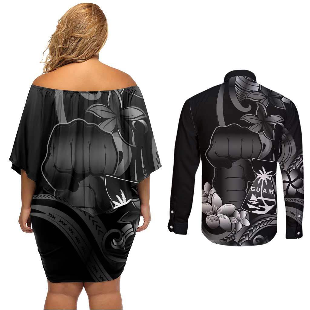 Black Hafa Adai Guam Couples Matching Off Shoulder Short Dress and Long Sleeve Button Shirt Chamorro Latte Stone Hand With Plumeria LT14 - Polynesian Pride