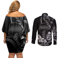 Black Hafa Adai Guam Couples Matching Off Shoulder Short Dress and Long Sleeve Button Shirt Chamorro Latte Stone Hand With Plumeria LT14 - Polynesian Pride