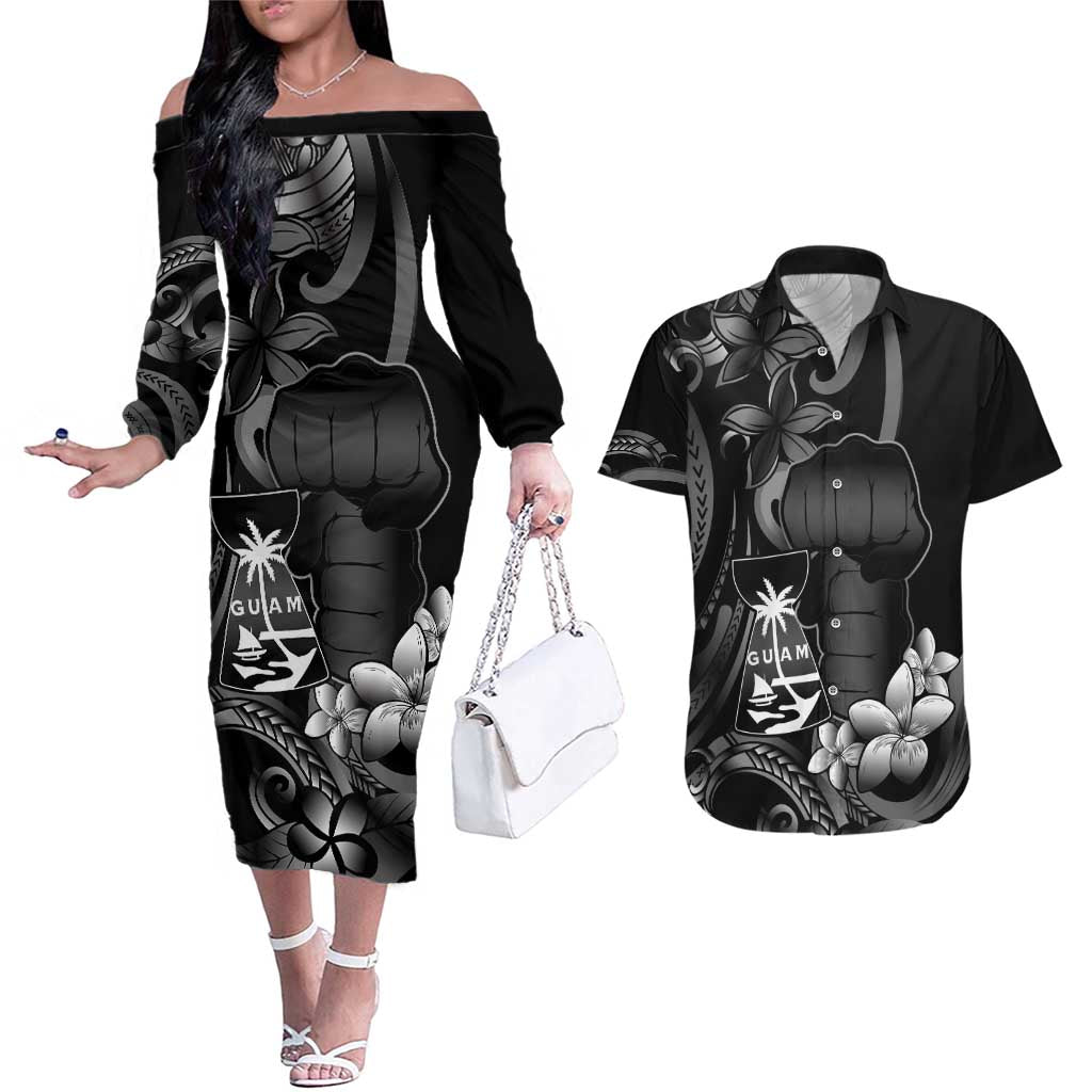 Black Hafa Adai Guam Couples Matching Off The Shoulder Long Sleeve Dress and Hawaiian Shirt Chamorro Latte Stone Hand With Plumeria