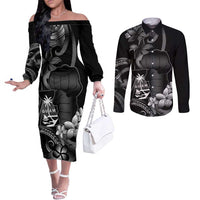 Black Hafa Adai Guam Couples Matching Off The Shoulder Long Sleeve Dress and Long Sleeve Button Shirt Chamorro Latte Stone Hand With Plumeria LT14 Black - Polynesian Pride