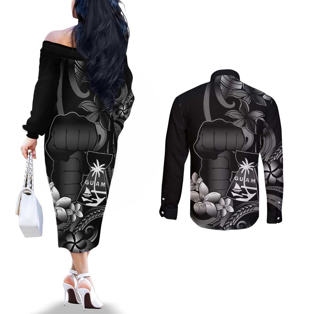 Black Hafa Adai Guam Couples Matching Off The Shoulder Long Sleeve Dress and Long Sleeve Button Shirt Chamorro Latte Stone Hand With Plumeria LT14 - Polynesian Pride