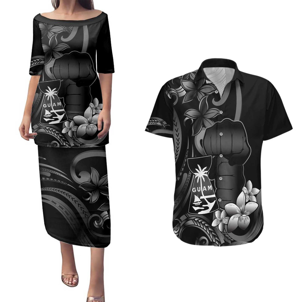 Black Hafa Adai Guam Couples Matching Puletasi and Hawaiian Shirt Chamorro Latte Stone Hand With Plumeria LT14 Black - Polynesian Pride