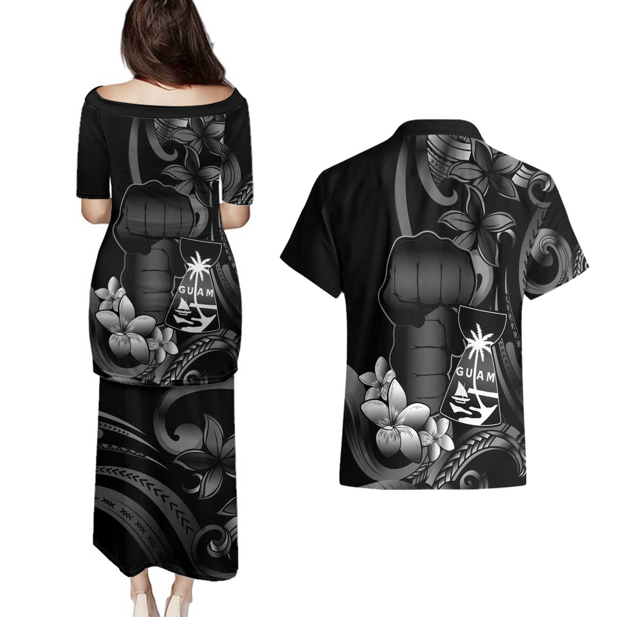 Black Hafa Adai Guam Couples Matching Puletasi and Hawaiian Shirt Chamorro Latte Stone Hand With Plumeria LT14 - Polynesian Pride