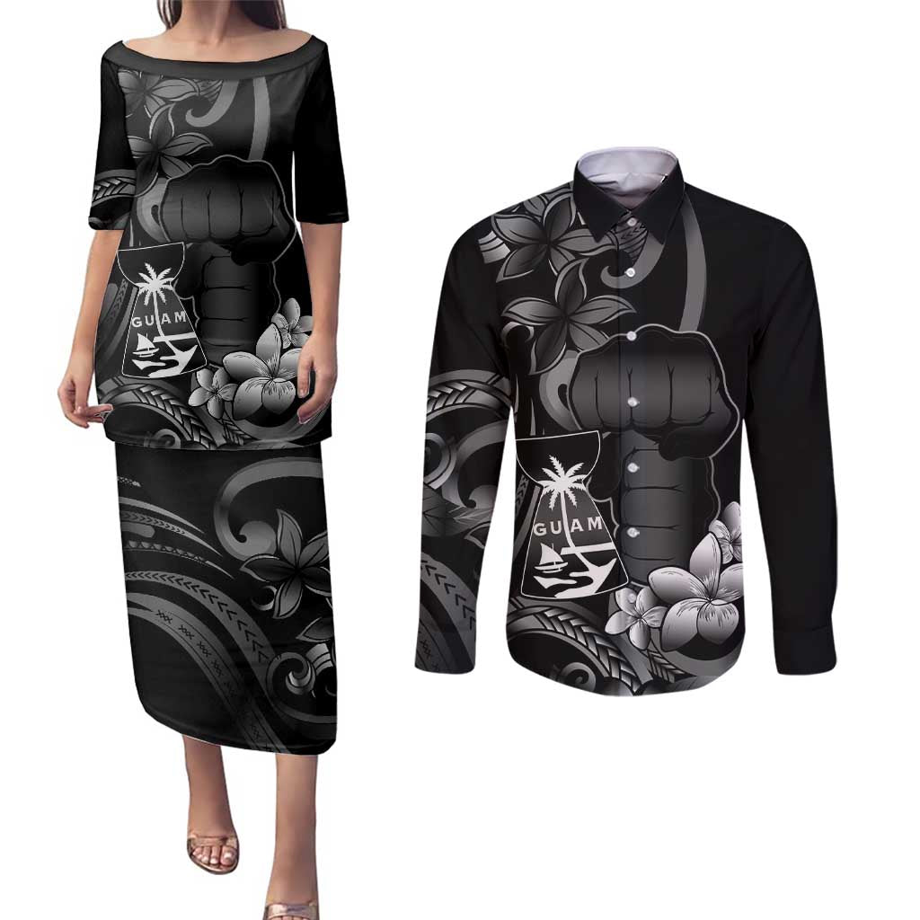 Black Hafa Adai Guam Couples Matching Puletasi and Long Sleeve Button Shirt Chamorro Latte Stone Hand With Plumeria