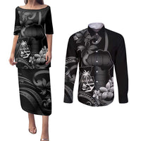 Black Hafa Adai Guam Couples Matching Puletasi and Long Sleeve Button Shirt Chamorro Latte Stone Hand With Plumeria