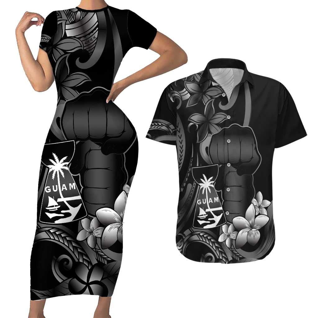 Black Hafa Adai Guam Couples Matching Short Sleeve Bodycon Dress and Hawaiian Shirt Chamorro Latte Stone Hand With Plumeria LT14 Black - Polynesian Pride