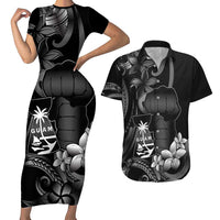 Black Hafa Adai Guam Couples Matching Short Sleeve Bodycon Dress and Hawaiian Shirt Chamorro Latte Stone Hand With Plumeria LT14 Black - Polynesian Pride