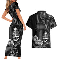 Black Hafa Adai Guam Couples Matching Short Sleeve Bodycon Dress and Hawaiian Shirt Chamorro Latte Stone Hand With Plumeria LT14 - Polynesian Pride