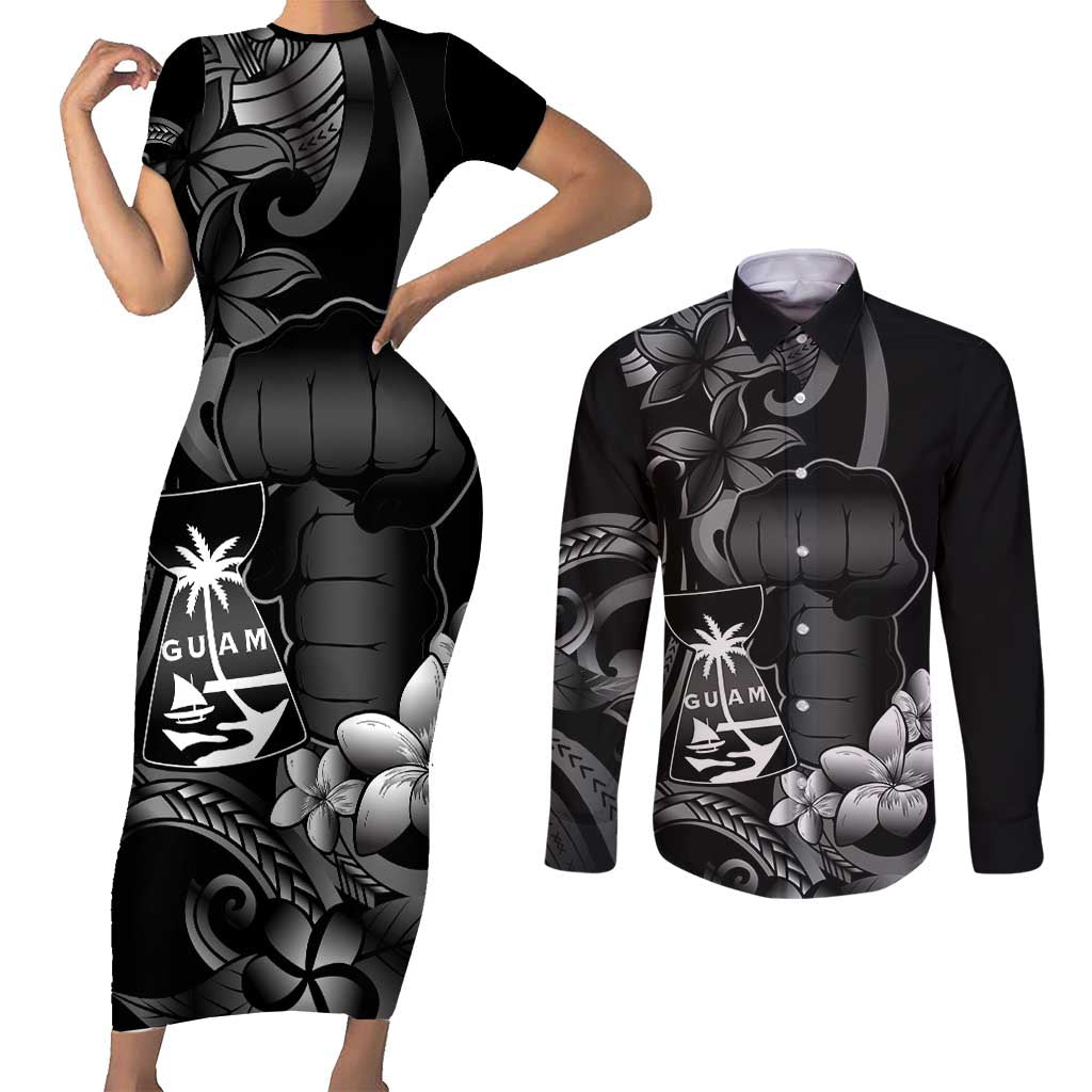 Black Hafa Adai Guam Couples Matching Short Sleeve Bodycon Dress and Long Sleeve Button Shirt Chamorro Latte Stone Hand With Plumeria LT14 Black - Polynesian Pride