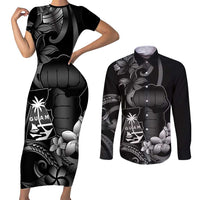 Black Hafa Adai Guam Couples Matching Short Sleeve Bodycon Dress and Long Sleeve Button Shirt Chamorro Latte Stone Hand With Plumeria LT14 Black - Polynesian Pride
