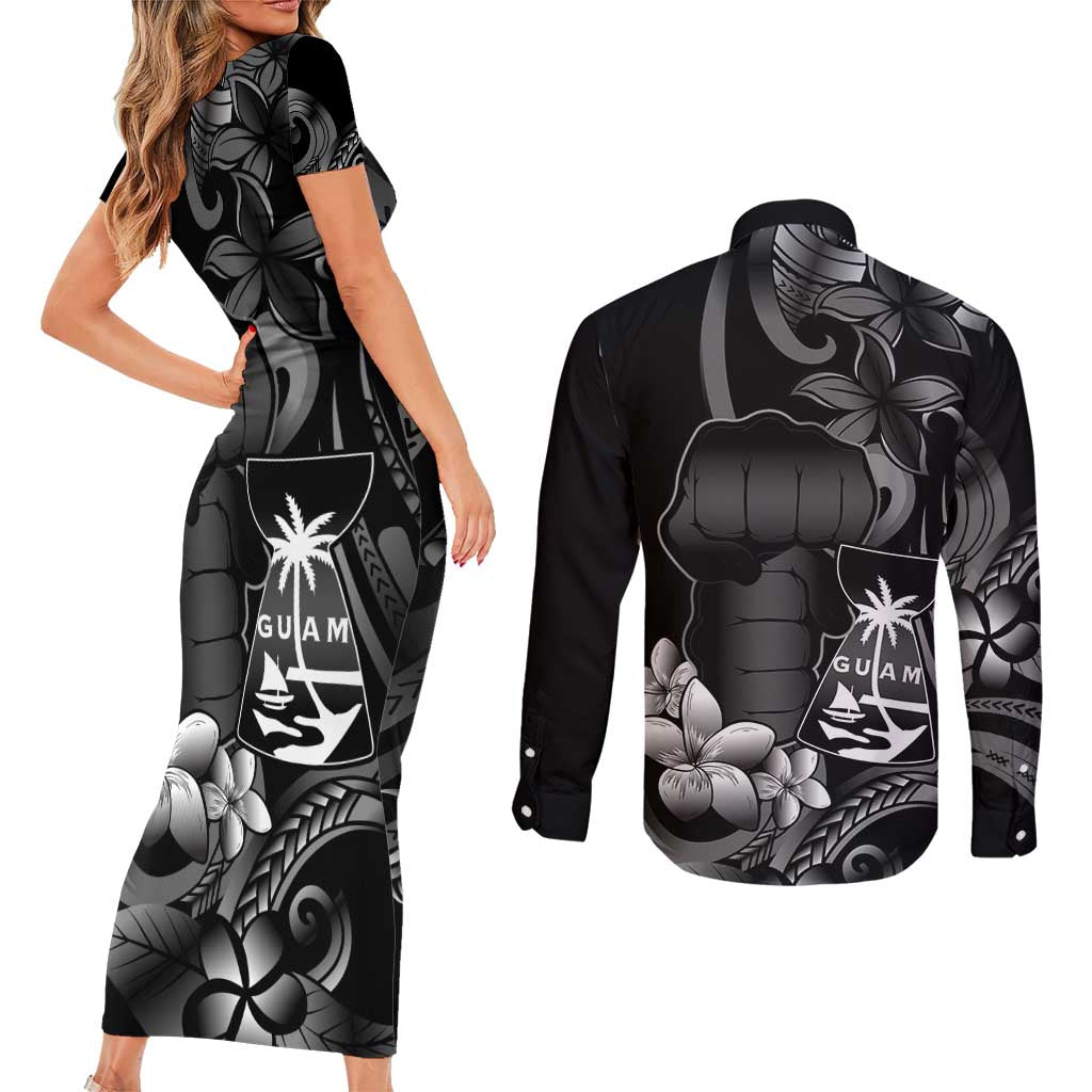 Black Hafa Adai Guam Couples Matching Short Sleeve Bodycon Dress and Long Sleeve Button Shirt Chamorro Latte Stone Hand With Plumeria LT14 - Polynesian Pride