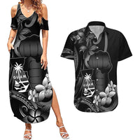 Black Hafa Adai Guam Couples Matching Summer Maxi Dress and Hawaiian Shirt Chamorro Latte Stone Hand With Plumeria LT14 Black - Polynesian Pride