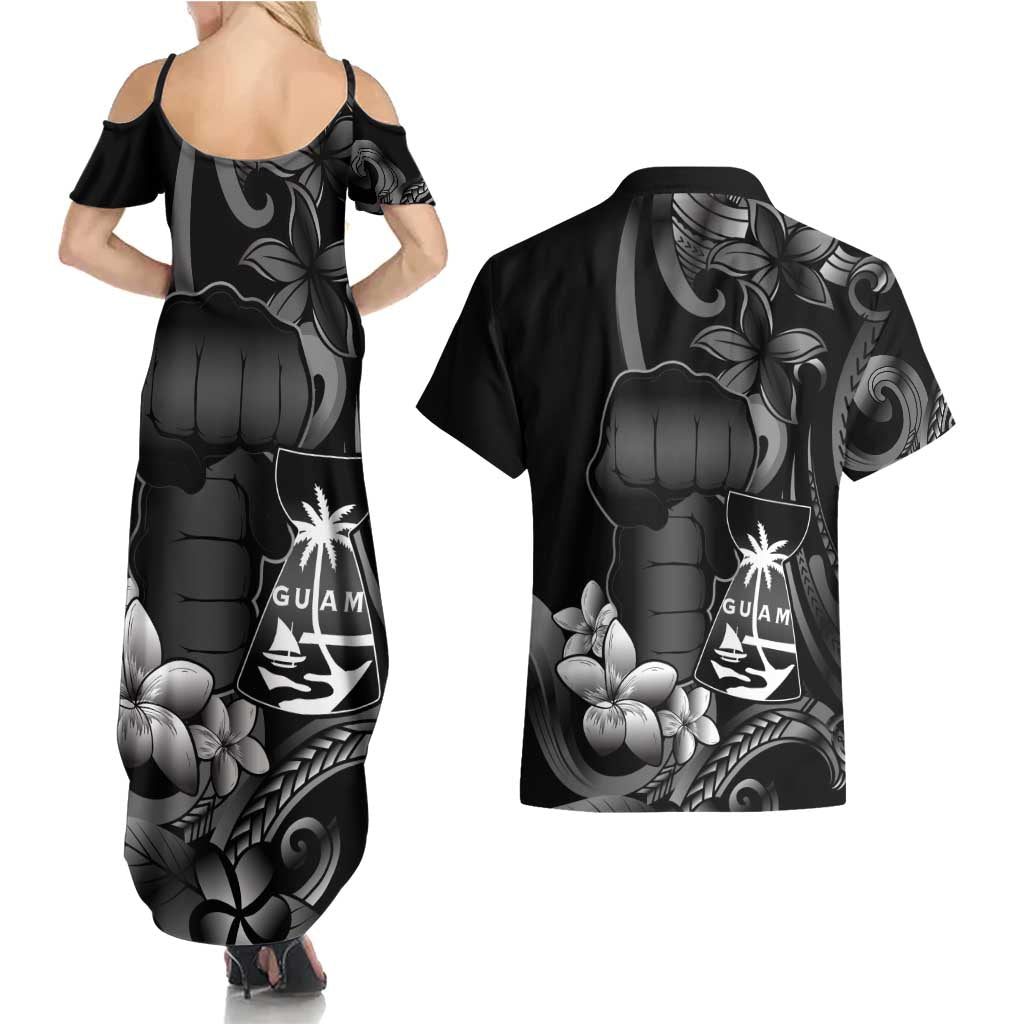 Black Hafa Adai Guam Couples Matching Summer Maxi Dress and Hawaiian Shirt Chamorro Latte Stone Hand With Plumeria LT14 - Polynesian Pride