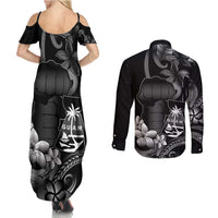 Black Hafa Adai Guam Couples Matching Summer Maxi Dress and Long Sleeve Button Shirt Chamorro Latte Stone Hand With Plumeria LT14 - Polynesian Pride