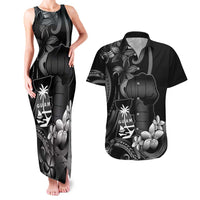 Black Hafa Adai Guam Couples Matching Tank Maxi Dress and Hawaiian Shirt Chamorro Latte Stone Hand With Plumeria LT14 Black - Polynesian Pride