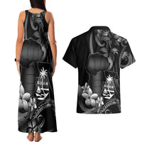 Black Hafa Adai Guam Couples Matching Tank Maxi Dress and Hawaiian Shirt Chamorro Latte Stone Hand With Plumeria LT14 - Polynesian Pride