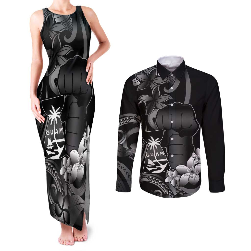 Black Hafa Adai Guam Couples Matching Tank Maxi Dress and Long Sleeve Button Shirt Chamorro Latte Stone Hand With Plumeria LT14 Black - Polynesian Pride