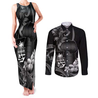 Black Hafa Adai Guam Couples Matching Tank Maxi Dress and Long Sleeve Button Shirt Chamorro Latte Stone Hand With Plumeria LT14 Black - Polynesian Pride