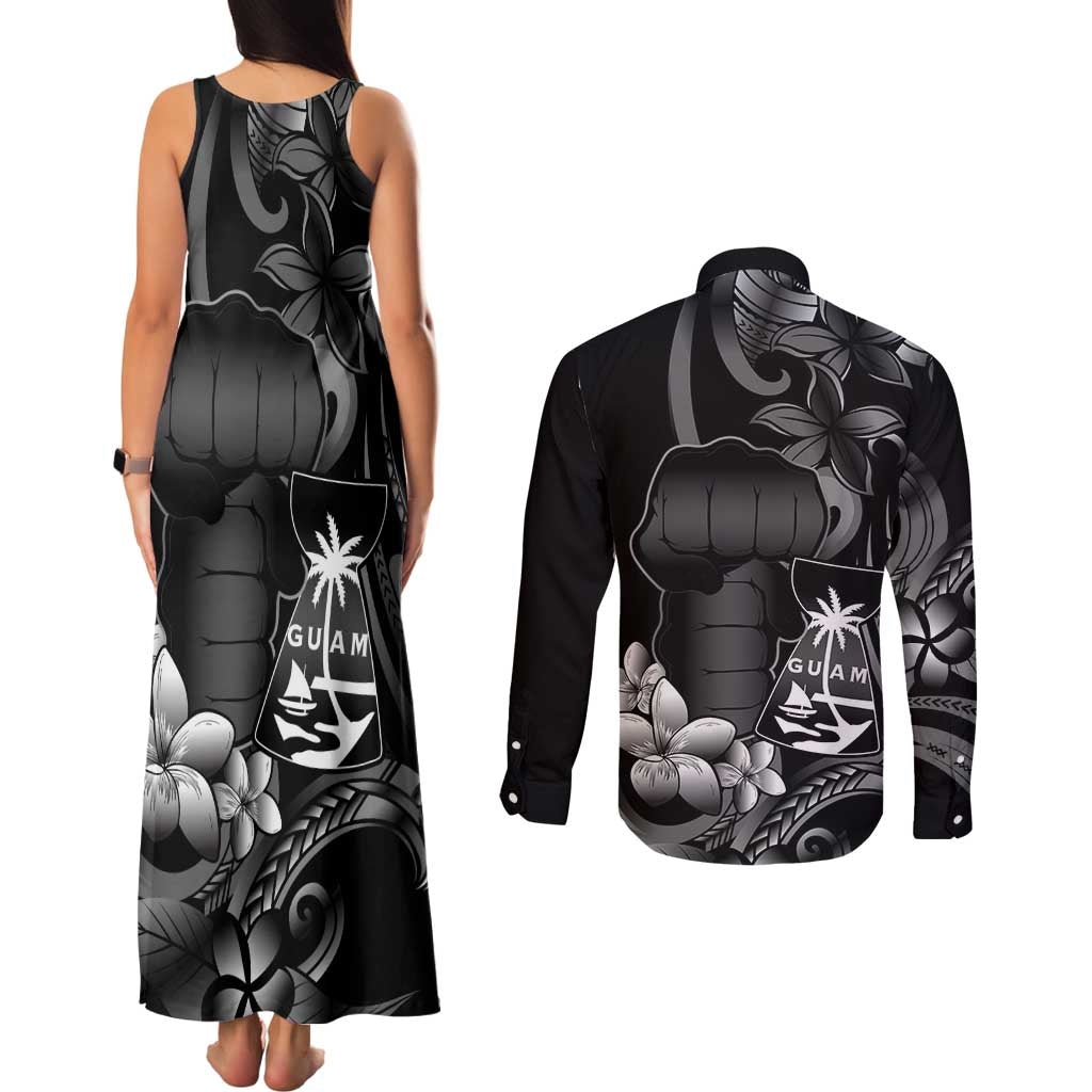 Black Hafa Adai Guam Couples Matching Tank Maxi Dress and Long Sleeve Button Shirt Chamorro Latte Stone Hand With Plumeria LT14 - Polynesian Pride