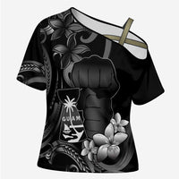 Black Hafa Adai Guam Cross Shoulder Shirt Chamorro Latte Stone Hand With Plumeria - Polynesian Pride