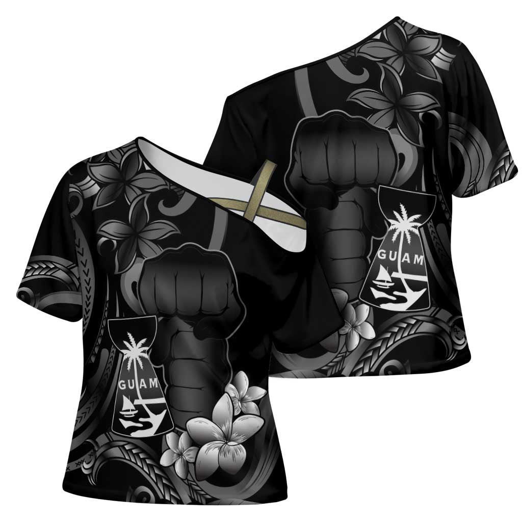 Black Hafa Adai Guam Cross Shoulder Shirt Chamorro Latte Stone Hand With Plumeria - Polynesian Pride