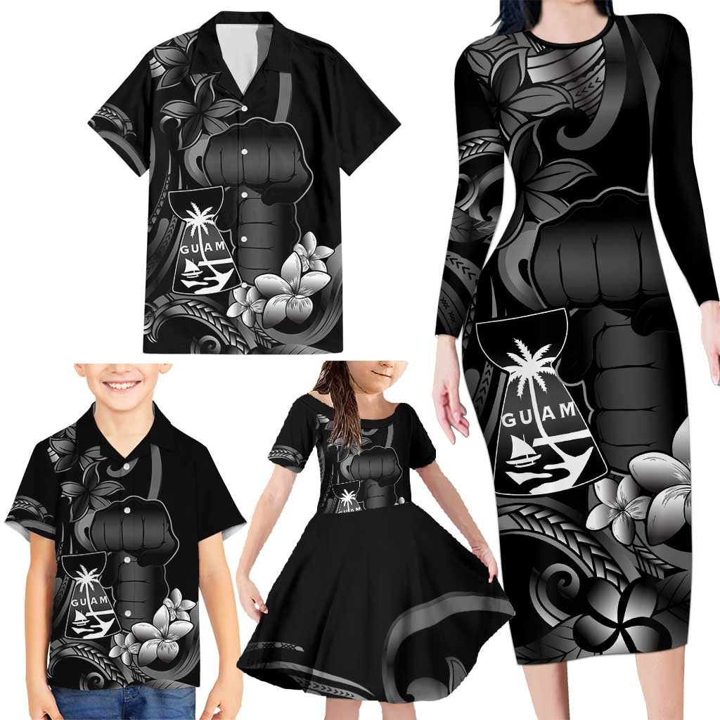 Black Hafa Adai Guam Family Matching Long Sleeve Bodycon Dress and Hawaiian Shirt Chamorro Latte Stone Hand With Plumeria