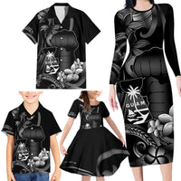 Black Hafa Adai Guam Family Matching Long Sleeve Bodycon Dress and Hawaiian Shirt Chamorro Latte Stone Hand With Plumeria LT14 - Polynesian Pride