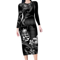 Black Hafa Adai Guam Family Matching Long Sleeve Bodycon Dress and Hawaiian Shirt Chamorro Latte Stone Hand With Plumeria LT14 Mom's Dress Black - Polynesian Pride