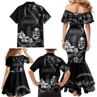Black Hafa Adai Guam Family Matching Mermaid Dress and Hawaiian Shirt Chamorro Latte Stone Hand With Plumeria LT14 - Polynesian Pride