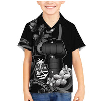 Black Hafa Adai Guam Family Matching Mermaid Dress and Hawaiian Shirt Chamorro Latte Stone Hand With Plumeria LT14 Son's Shirt Black - Polynesian Pride
