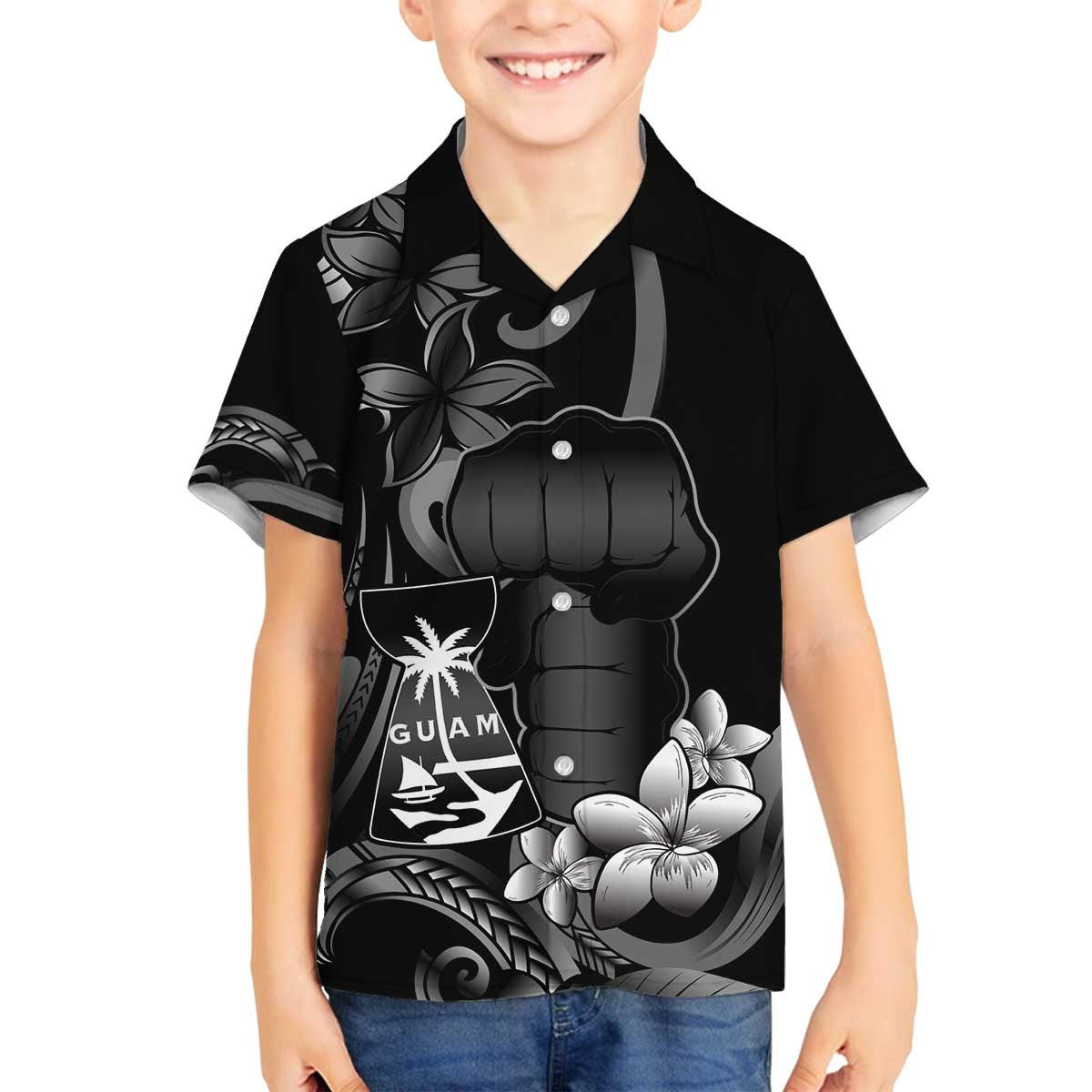 Black Hafa Adai Guam Family Matching Off The Shoulder Long Sleeve Dress and Hawaiian Shirt Chamorro Latte Stone Hand With Plumeria LT14 Son's Shirt Black - Polynesian Pride